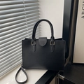 Minimalist black lychee texture leather tote bag with gold hardware for office commute - Black