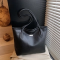 Classic black litchi pattern leather tote bag with elegant metal plate for women - Black