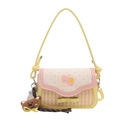 Cute yellow and pink plaid crossbody bag with a bow and brown bear plush charm - With Pendant / Apricot Yellow Pink