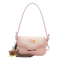 Rosa Cartoon-Tasche mit Schleife, Karo-Muster und braunem Bären-Plüschtier-Anhänger - Mit Anhänger / Kirschblütenrosa