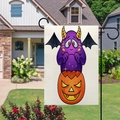Bandiera da giardino Halloween con diavoletto su zucca e supporto in metallo - Stile Diavolo Viola e Zucca
