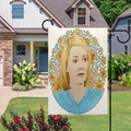 Detail of linen Mother's Day garden flag with blonde woman and yellow lilies illustration - Blonde Woman with Lilies Style (10)