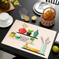 Tovaglietta in lino con illustrazione di cactus e piante su un tavolo in legno nero - Illustrazione di Scaffale Moderno (Stile-17)