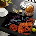 Halloween placemat featuring orange pumpkin and blue bat prints on black linen - Pumpkin and Vintage Bat (Style-7) / 45x30cm