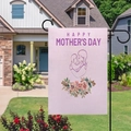 Detailed garden flag view showing Happy Mother's Day text and mother-child illustration - Mother and Baby Illustration Style