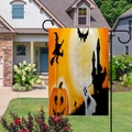 Bandiera da giardino Halloween con zucche e streghe su lino e supporto metallico - Stile Castello della Strega e Fantasma