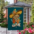 Double-sided linen garden flag with sugar skull and sombrero for Day of the Dead decor - Teal Sombrero Skull with Roses Style / 45*30cm