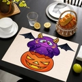 Halloween placemat featuring a purple monster on a pumpkin with a dark wooden background - Purple Monster Pumpkin (Style-8) / 45x30cm