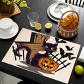 Halloween-Tischset mit schwarzer Katze und Kürbis-Design auf dunklem Holztisch - Amerikanische Illustration Schwarze Katze & Kürbis (Stil-9)