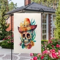 Double-sided linen garden flag with Day of the Dead skull and roses for yard decoration - Painted Skull with Flowers Style / 45*30cm