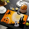 Halloween linen placemat with pumpkin and witch print on black wood table setting - Witch Castle Moon Night (Style-9) / 45x30cm