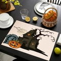 Halloween-Tischset aus Leinen mit Kürbis und Geisterhaus Motiven für die Tafel Deko - Spukhaus Kürbis Stil (Stil-10)