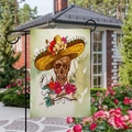 Double-sided linen garden flag with Mexican Day of the Dead skull and floral somberero - Name Customized Sombrero Skull Style / 45*30cm