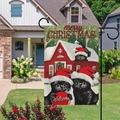 Outdoor Christmas garden flag with three black cats in santa hats near a red barn - Black Cats - Snow Background