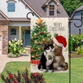 Detail of Christmas garden flag featuring cats and tree on a black metal holder - Tuxedo and Orange Cats - Christmas Tree