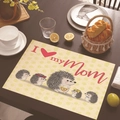 Linen placemat with I Love My Mom hedgehog print and polka dots on a wooden table - Cartoon Hedgehog Family (Style-3)