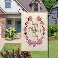 Linen Mother's Day garden flag with pink floral wreath and Happy Mother's Day text - Oval Floral Wreath Style / 45x30cm / Off White