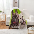 Macro shot of French Bulldog print on thick flannel blanket draped over sofa - Bulldog Close-up - Warm Living Room Background (Style-4) / 70x100cm