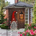 Christmas gnome garden flag with lantern and snowflakes on rustic wood background - Red Hat Gnome Style (3) / 45*30cm