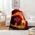 Detailed close-up of a red flannel blanket with golden reindeer and Christmas greetings - Style 7