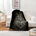 Realistic black and white lion print flannel blanket draped on a cozy white sofa - Lion Head Grey Tone (Style 13)