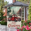 Christmas garden flag with red truck and Xmas trees on a linen banner with metal stand - Vintage Pickup Tree Style (4) / 45*30cm