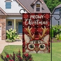 Linen Christmas garden flag featuring a festive cat with Meowy Christmas greeting - Tabby Cat - Glasses Antlers Buffalo Plaid