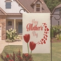 Linen Mother's Day garden flag with tulips and hearts displayed on a metal stand - Tulip Heart Art Text (19)