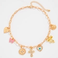 Vergoldete Muschel- und Kreuz-Halskette mit funkelnden Strass-Schmetterlingsanhängern - Gold (06670)