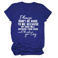Detail of royal blue cotton t-shirt with please don't be rude slogan and folded sleeves - S / Vintage Blue (White Font)