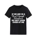 Detail of white slogan print on black crew neck cotton t-shirt with clear text texture - Black (White Font)