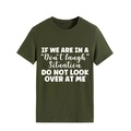 Detailed view of white slogan print on olive green crew neck cotton t-shirt fabric - Army Green (White Font)