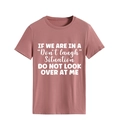 Detail of soft pink cotton t-shirt featuring white slogan print and ribbed crew neckline - Rose Gold (White Font)