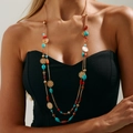 Detail of bohemian gold layered necklace with turquoise beads and floral pendants - Bohemian Colorful Mandala Disk Style(7404)