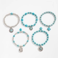 Five-piece Bohemian beaded bracelet set with turquoise stones and vintage silver pendants - Sun Flower Charm 5-Piece Set (05627)