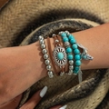 Bohemian multilayer turquoise bead bracelet set with silver wolf and feather charms - Set of 4