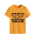 Detail of crewneck mustard yellow cotton T-shirt featuring bold black slogan print - S / Mustard Yellow (Black Text)