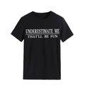 Detaillierte Flachbildansicht von schwarzem Baumwoll-T-Shirt mit weißem Spruch-Print - S / Schwarz