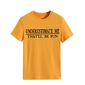 Close-up of ginger yellow cotton t-shirt with Underestimate Me printed slogan - S / Mustard Yellow