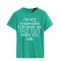 Detail of green cotton T-shirt featuring white slogan print and neat sleeve stitching - Dark Green (White Font)