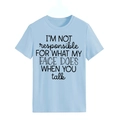 Detail of light blue crew neck T-shirt featuring I'M NOT RESPONSIBLE slogan print - Light Blue (Black Font)