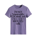 Close-up of heathered purple cotton T-shirt with I'M NOT responsible slogan print - Purple (Black Text)