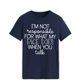 Detail of blue-black crewneck t-shirt with I'M NOT responsible slogan in white print - Navy Blue (White Font)