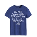 Detail of dark blue crew neck t-shirt with white 'I'm not responsible' slogan print - Retro Blue (White Font)