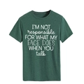 Detail of dark green cotton T-shirt featuring 'I'm not responsible' slogan print - Retro Green (White Font)