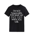 Detailed close-up of white letter print on a black crew neck cotton t-shirt - Black (White Font)