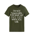 Detail of white slogan print on olive green cotton crewneck casual short sleeve t-shirt - Army Green (White Font)