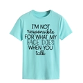 Close-up of the black slogan print on light blue cotton crewneck casual t-shirt - Deep Water Blue (Black Font)