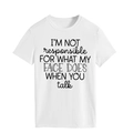 Close-up of white cotton T-shirt featuring black humorous slogan text on the front - White (Black Font)