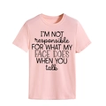 Close-up of funny quote print on pink crew neck cotton t-shirt for women - Pink (Black Print)